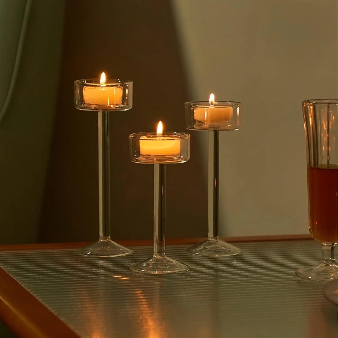 Minimal Glass Candlesticks Candle Holder Set │ Modern Nordic Transparent Tall Candle Stand - Besontique Home