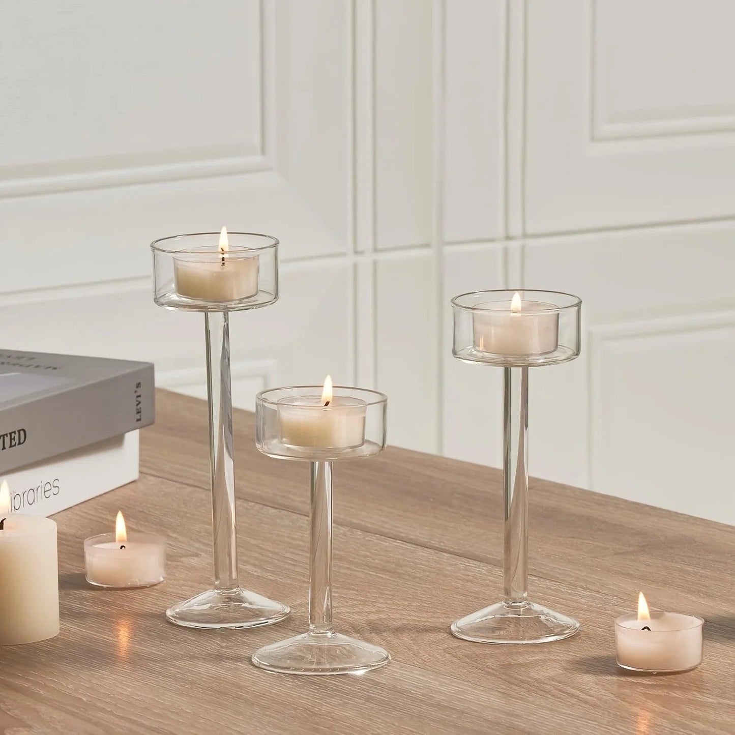 Minimal Glass Candlesticks Candle Holder Set │ Modern Nordic Transparent Tall Candle Stand - Besontique Home