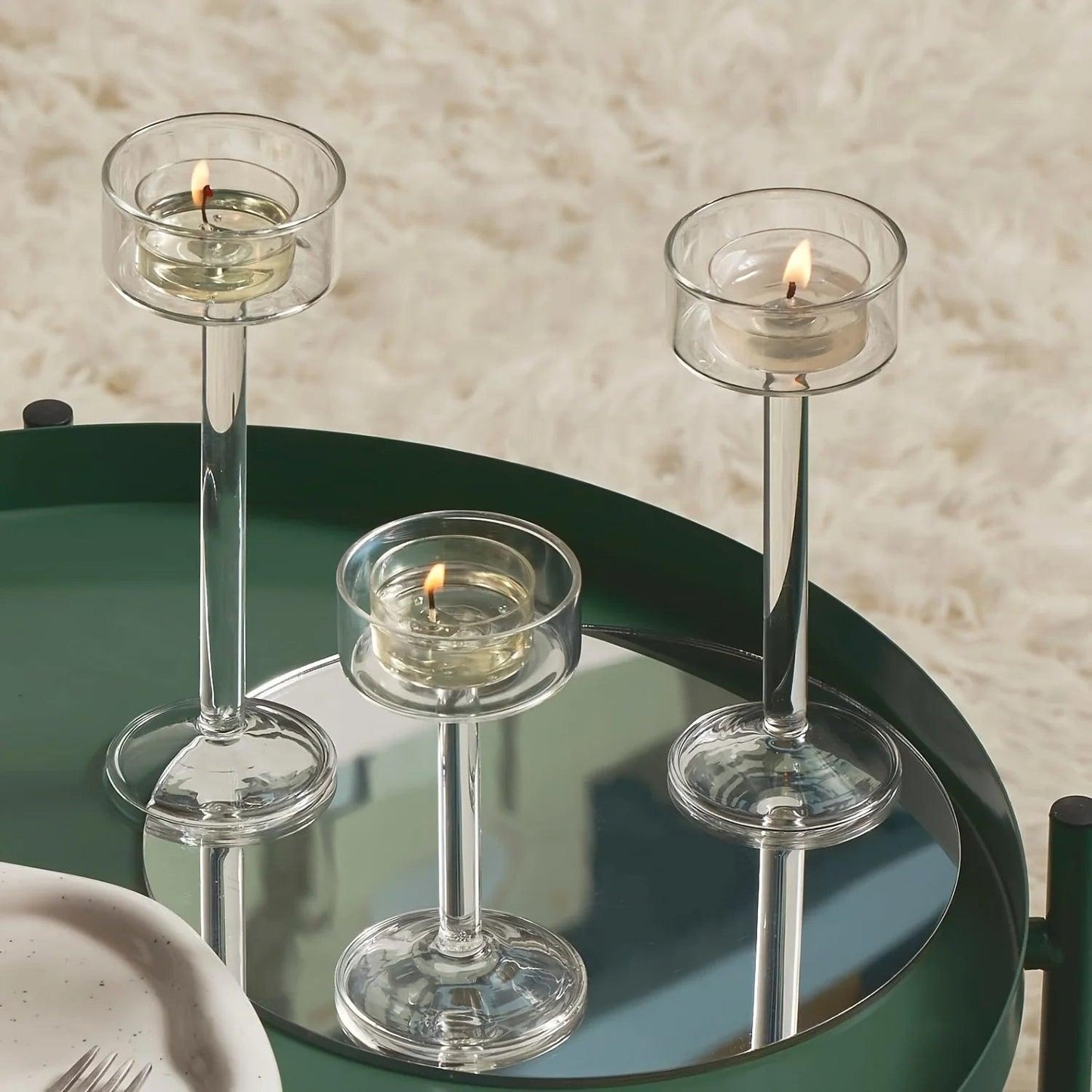 Minimal Glass Candlesticks Candle Holder Set │ Modern Nordic Transparent Tall Candle Stand - Besontique Home