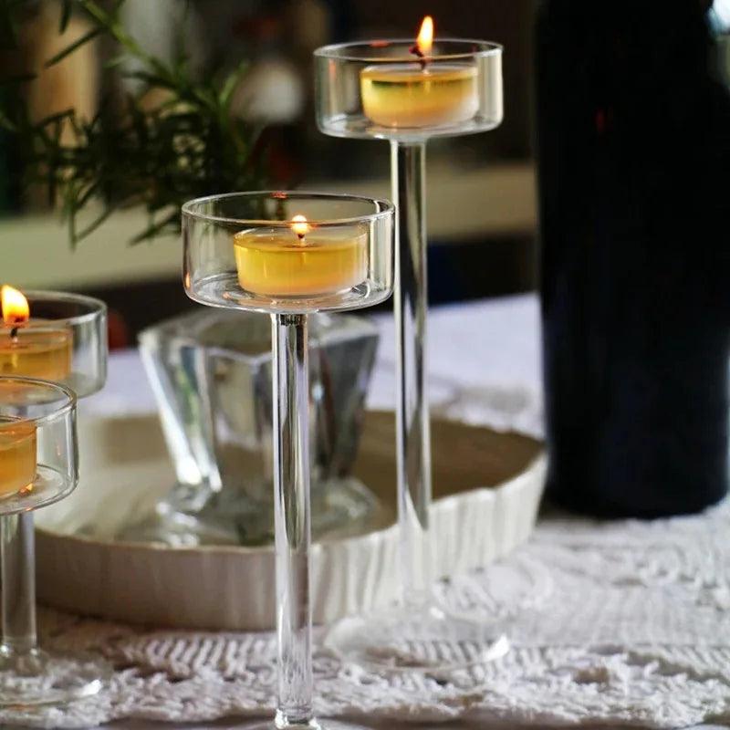 Minimal Glass Candlesticks Candle Holder Set │ Modern Nordic Transparent Tall Candle Stand - Besontique Home
