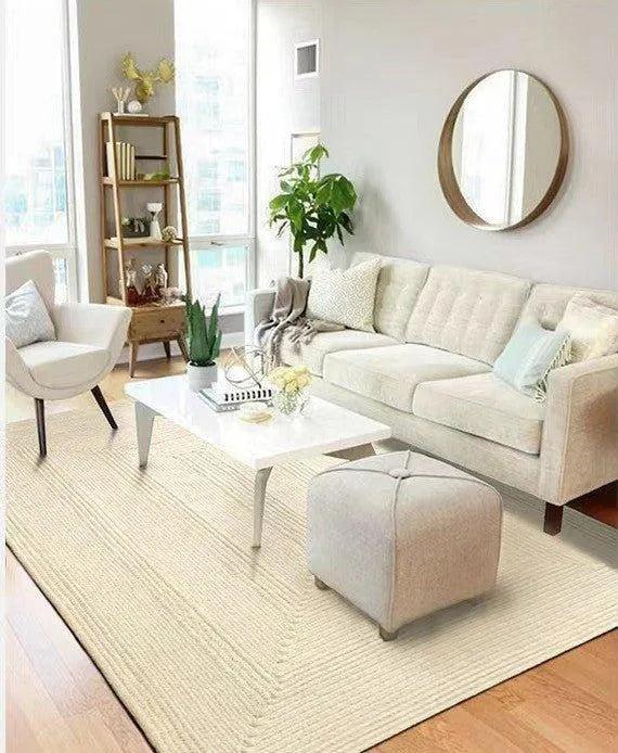 Minimal Natural Wool Rectangular Carpet │ Hand Woven Living Room Bedroom Rug - Besontique Home