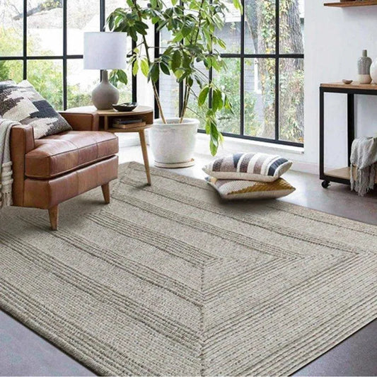 Minimal Natural Wool Rectangular Carpet │ Hand Woven Living Room Bedroom Rug - Besontique Home