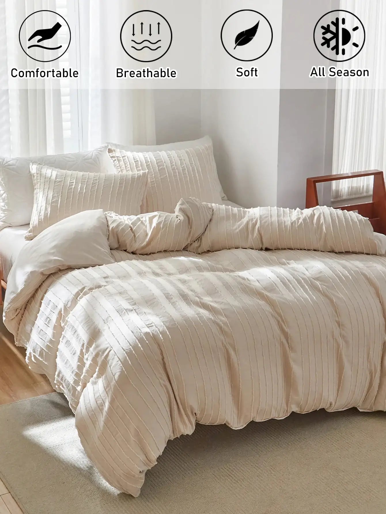 minimal-whtie-beige-soft-tufted-bedding-set-modern-stripe-tuft-design-bed-duvet-cover-pillow-case-besontique-home-95973 - Besontique Home