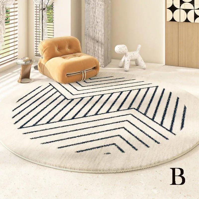 Minimalist Geometric Black Line Pattern Round Carpet │ Modern Home Large Area Plush Rugs - Besontique Home