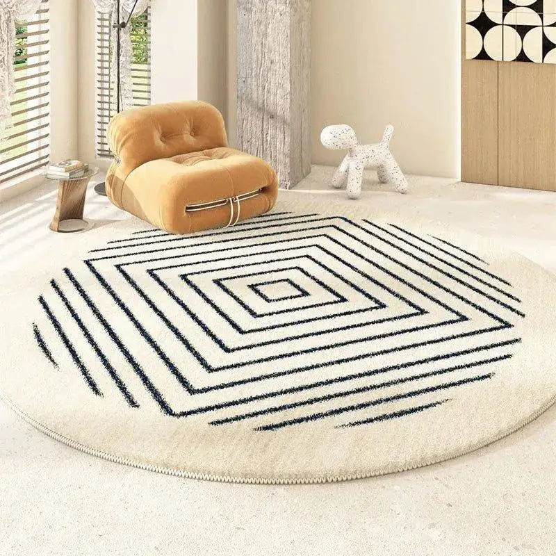 Runder Teppich mit minimalistischem geometrischem Muster in Schwarz │ Plüschteppich für große Flächen – Besontique Home