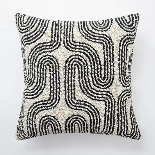 Modern Abstract Embroidered Cushion Cover │ Geometric Beige Black Tufted Throw Pillow Covers Decorative Pillowcase - Besontique Home