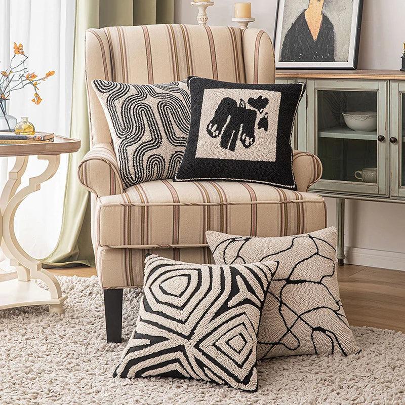 Modern Abstract Embroidered Cushion Cover β Geometric Beige Black Tufted Throw Pillow Covers Decorative Pillowcase - Besontique Home