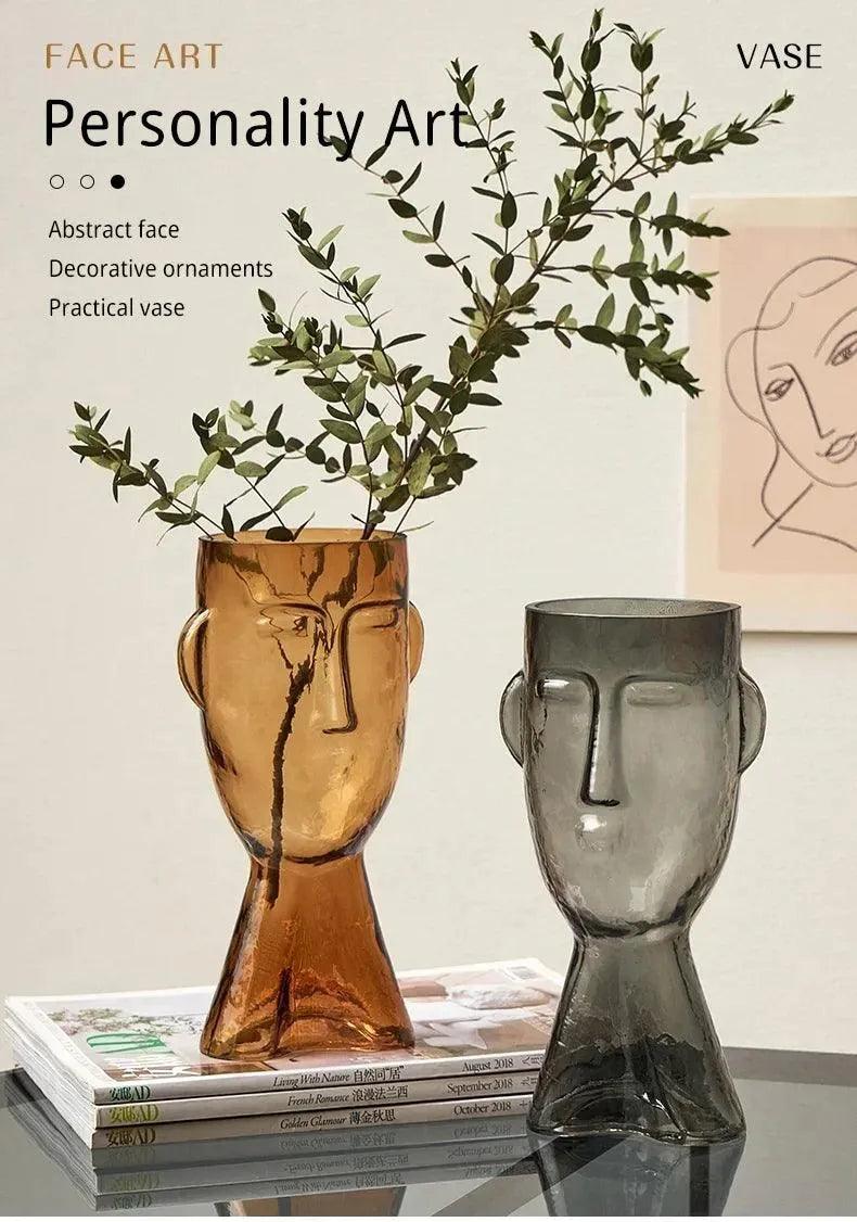Modern Abstract Face Transparent Glass Flower Vase │ Minimal Art Home Terrarium for Table Decor - Besontique Home