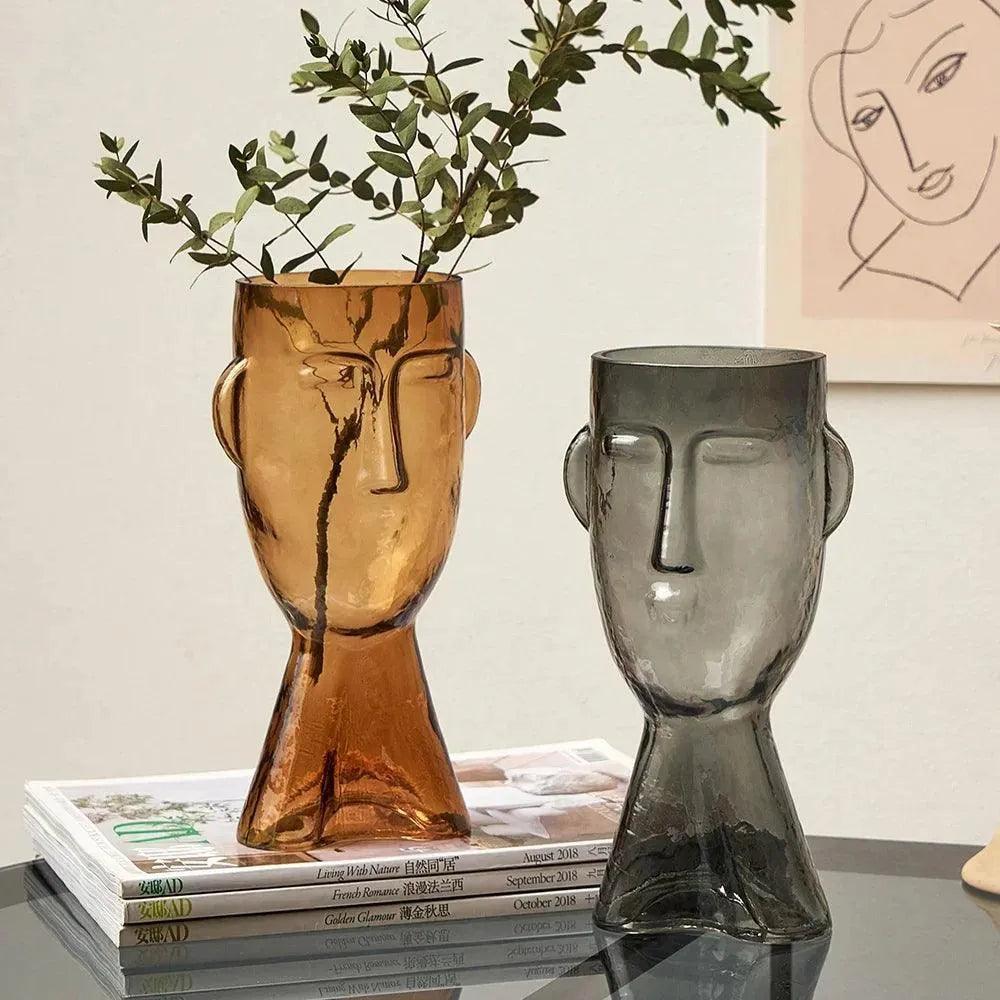 Modern Abstract Face Transparent Glass Flower Vase │ Minimal Art Home Terrarium for Table Decor - Besontique Home