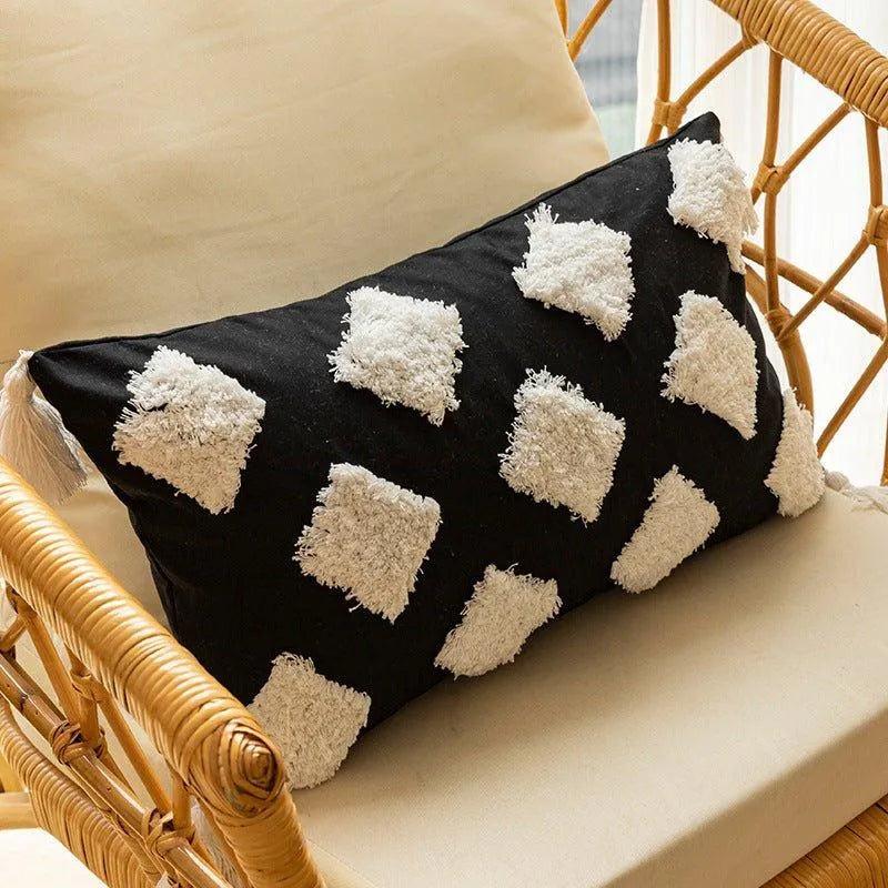 Modern Black & White Embroidered Cushion Cover │ Geometric Boho Decorative Pillowcase - Besontique Home