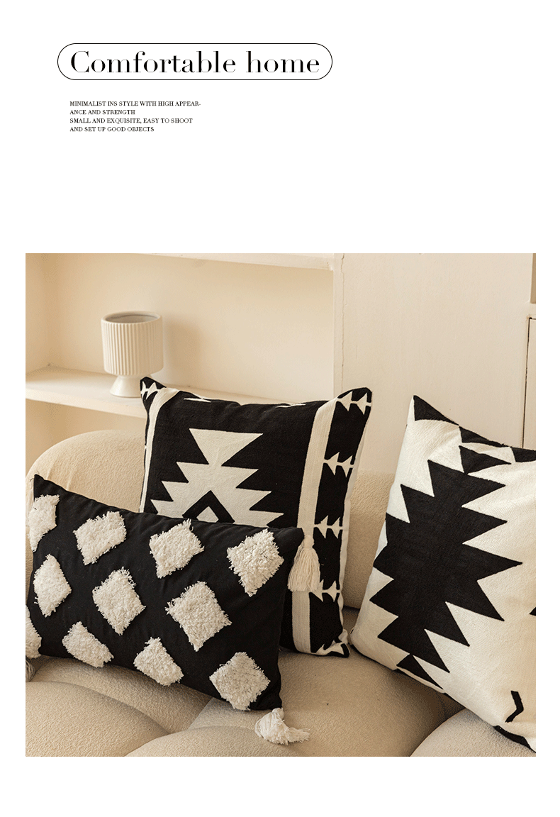 Modern Black & White Embroidered Cushion Cover │ Geometric Boho Decorative Pillowcase - Besontique Home