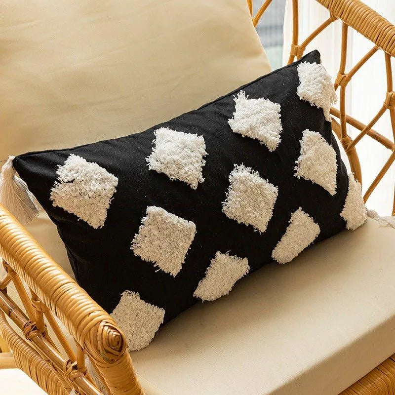 Modern Black & White Embroidered Cushion Cover │ Geometric Boho Decorative Pillowcase - Besontique Home