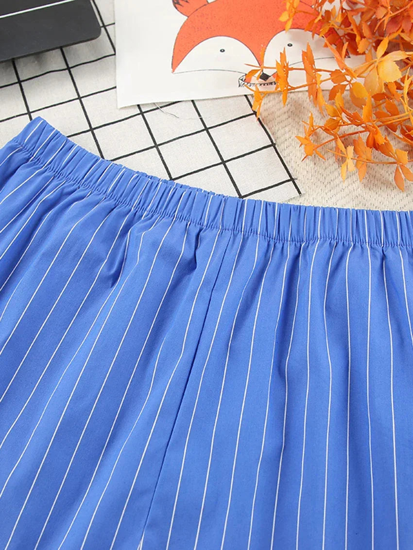 Modern Blue White Striped Cotton Long Sleeve Suit 2 Piece Set │Homewear - Besontique Home