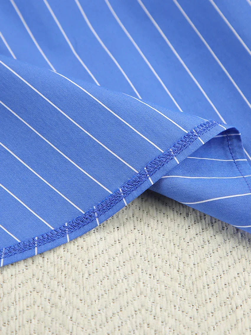 Modern Blue White Striped Cotton Long Sleeve Suit 2 Piece Set │Homewear - Besontique Home