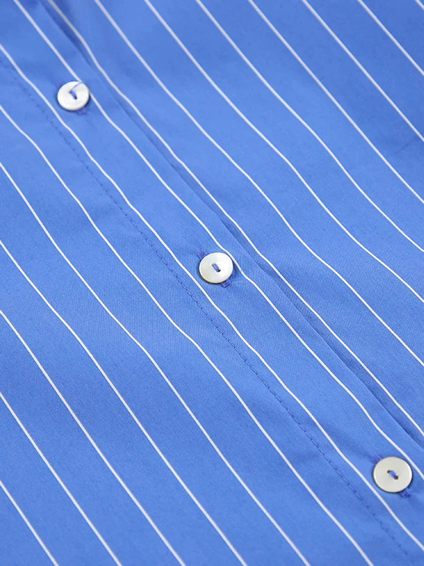 Modern Blue White Striped Cotton Long Sleeve Suit 2 Piece Set │Homewear - Besontique Home