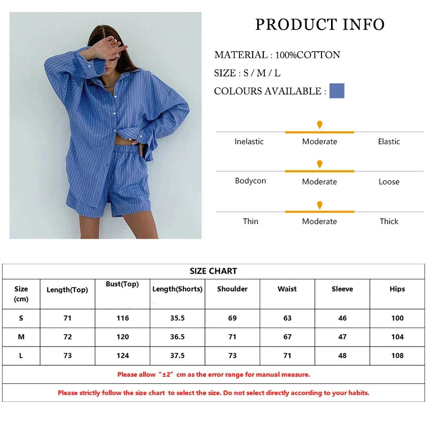 Modern Blue White Striped Cotton Long Sleeve Suit 2 Piece Set │Homewear - Besontique Home