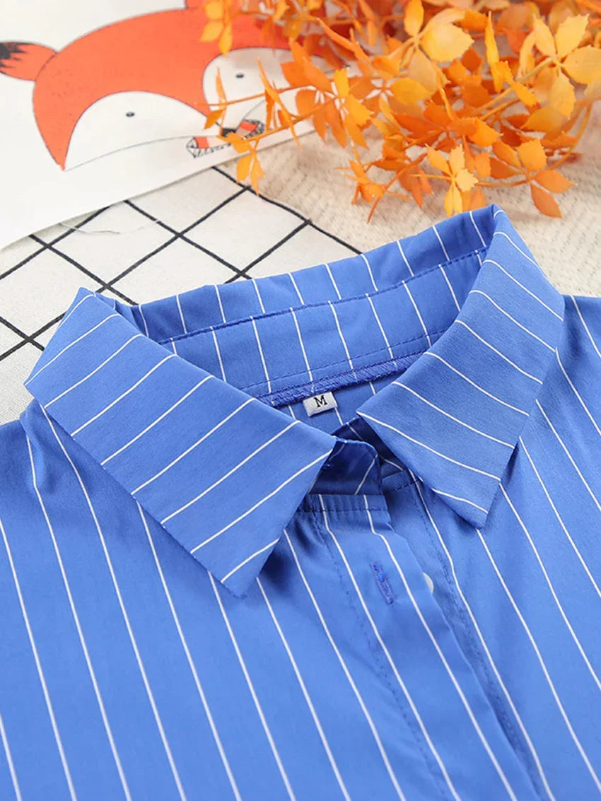Modern Blue White Striped Cotton Long Sleeve Suit 2 Piece Set │Homewear - Besontique Home