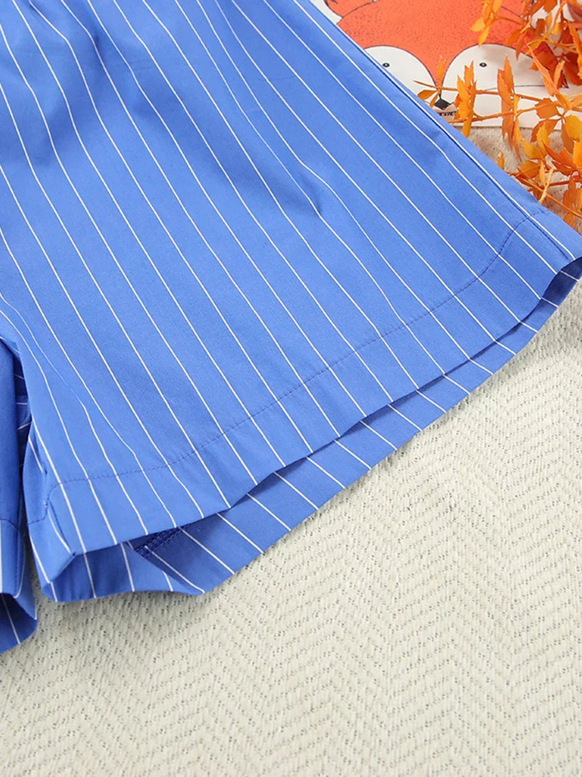 Modern Blue White Striped Cotton Long Sleeve Suit 2 Piece Set │Homewear - Besontique Home