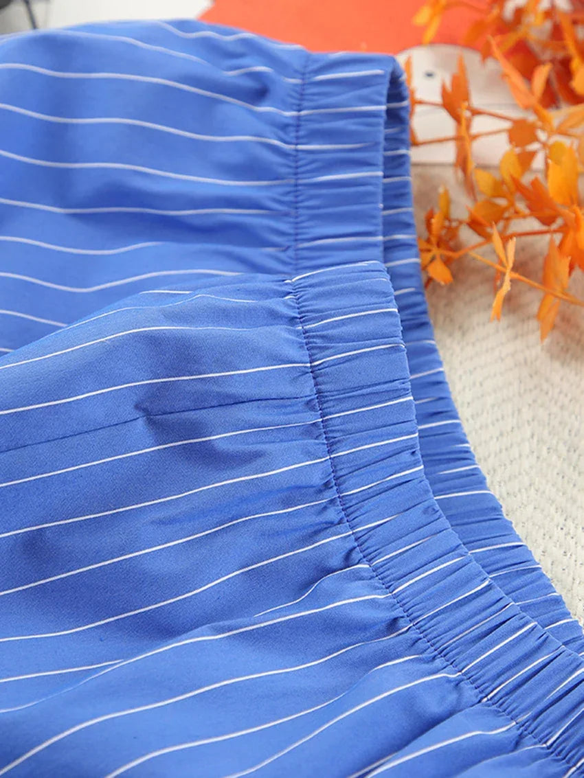 Modern Blue White Striped Cotton Long Sleeve Suit 2 Piece Set │Homewear - Besontique Home