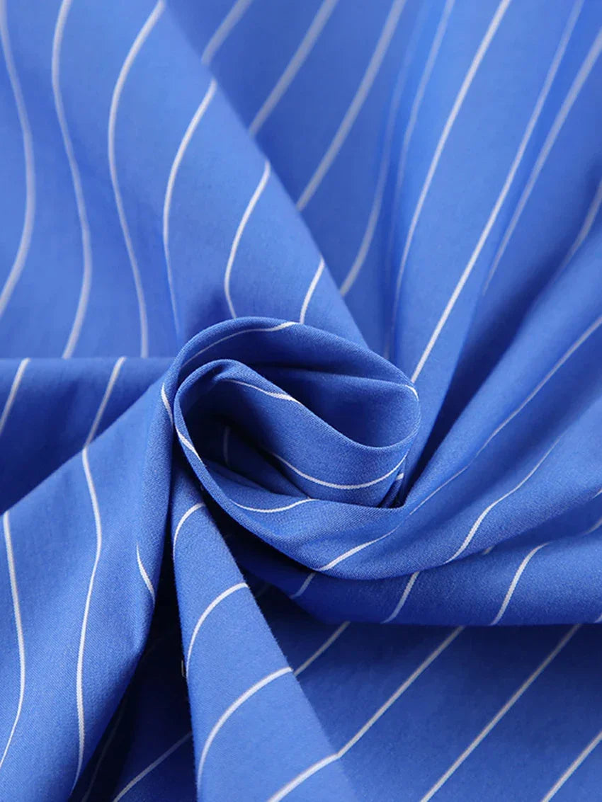 Modern Blue White Striped Cotton Long Sleeve Suit 2 Piece Set │Homewear - Besontique Home