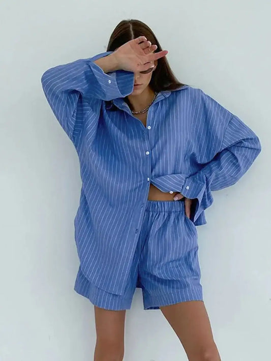 Modern Blue White Striped Cotton Long Sleeve Suit 2 Piece Set │Homewear - Besontique Home
