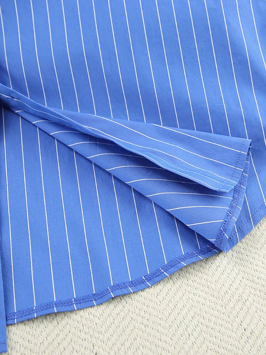Modern Blue White Striped Cotton Long Sleeve Suit 2 Piece Set │Homewear - Besontique Home