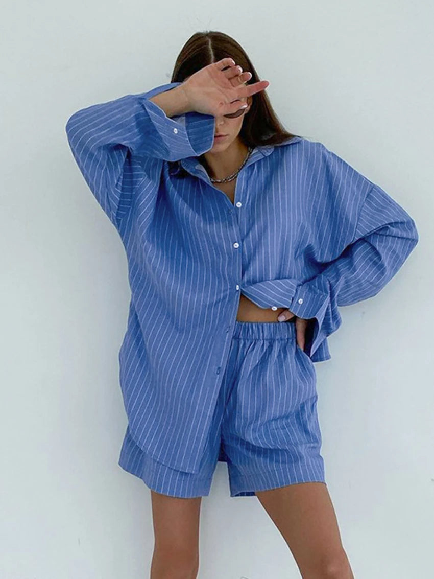 Modern Blue White Striped Cotton Long Sleeve Suit 2 Piece Set │Homewear - Besontique Home