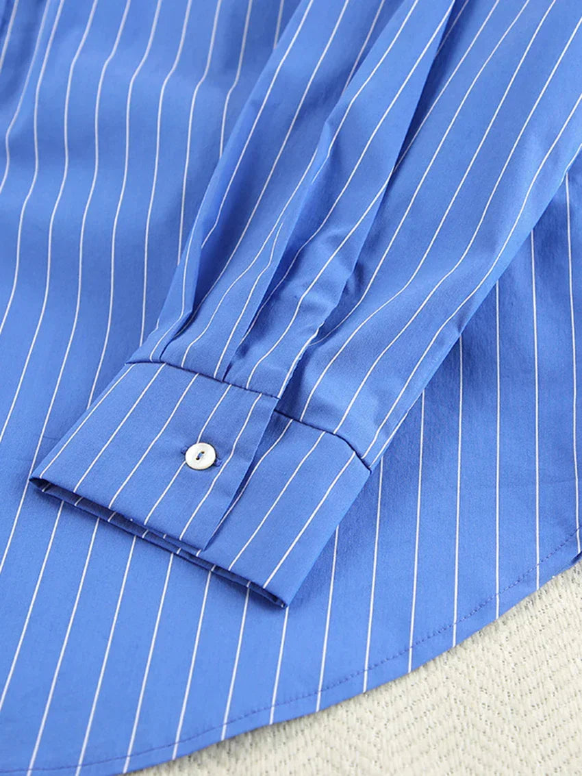Modern Blue White Striped Cotton Long Sleeve Suit 2 Piece Set │Homewear - Besontique Home