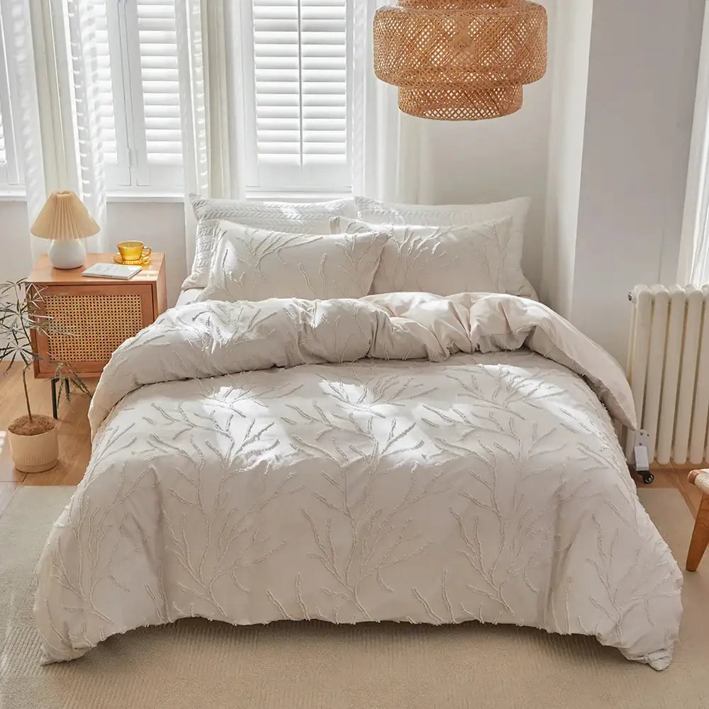 modern-boho-beige-soft-tufted-bedding-set-tree-branch-design-bed-duvet-cover-pillow-case-besontique-home-12103 - Besontique Home