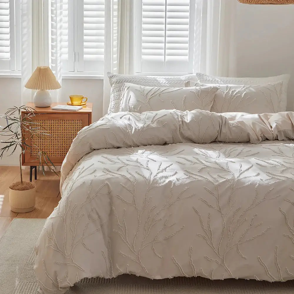 modern-boho-beige-soft-tufted-bedding-set-tree-branch-design-bed-duvet-cover-pillow-case-besontique-home-34972 - Besontique Home
