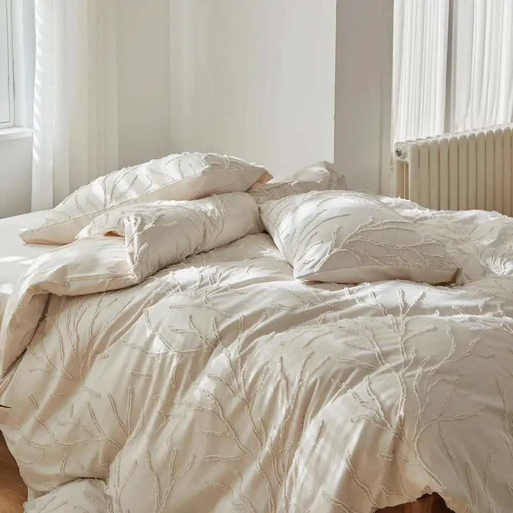 modern-boho-beige-soft-tufted-bedding-set-tree-branch-design-bed-duvet-cover-pillow-case-besontique-home-54651 - Besontique Home