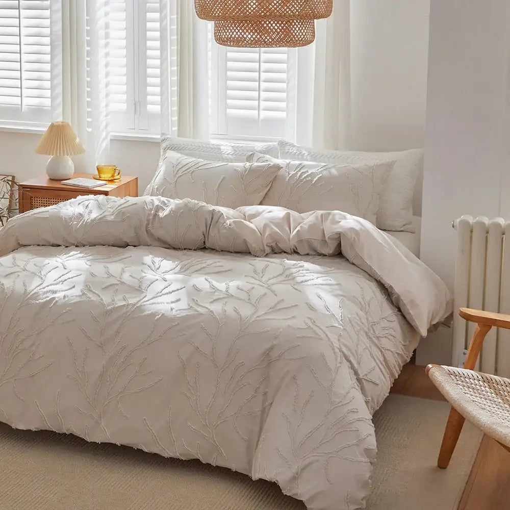 modern-boho-beige-soft-tufted-bedding-set-tree-branch-design-bed-duvet-cover-pillow-case-besontique-home-55874 - Besontique Home