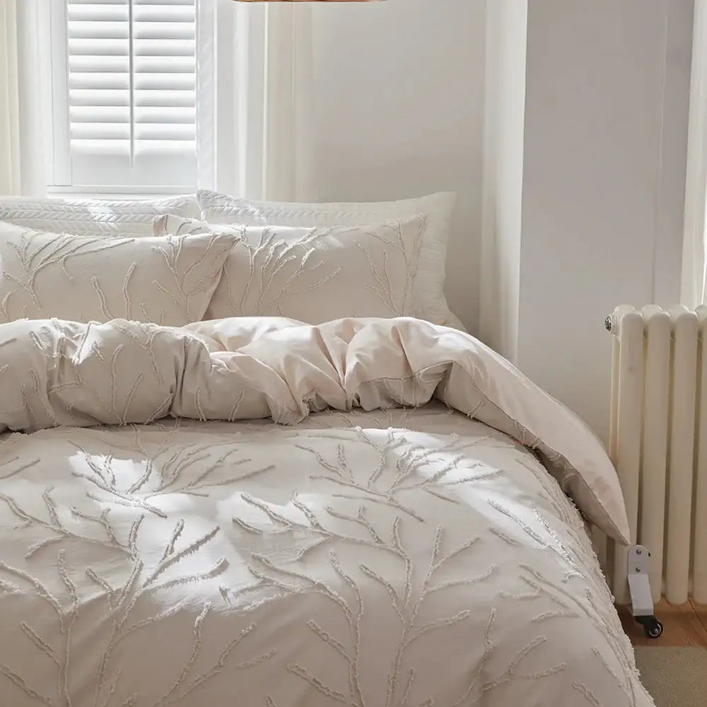 modern-boho-beige-soft-tufted-bedding-set-tree-branch-design-bed-duvet-cover-pillow-case-besontique-home-91268 - Besontique Home