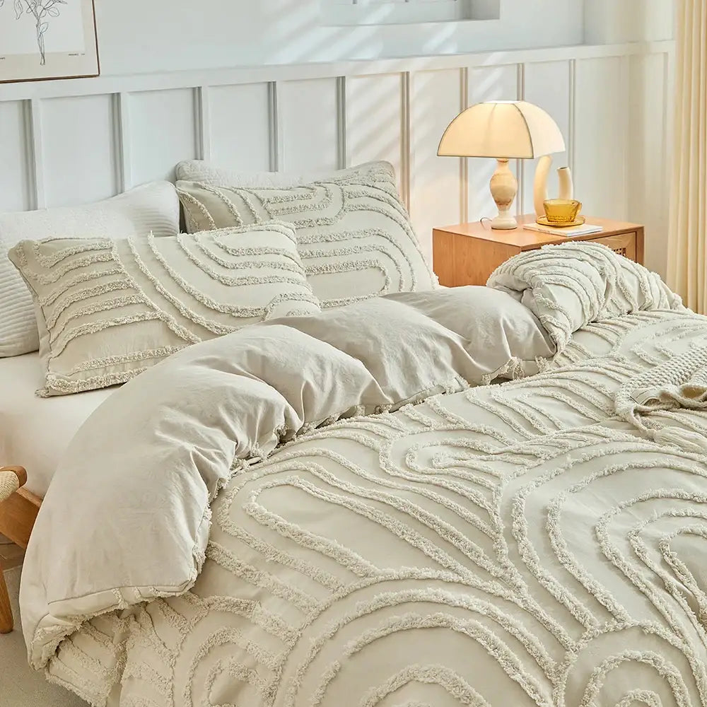 modern-boho-cut-flower-tufted-bedding-set-light-beige-soft-bed-duvet-cover-pillow-case-besontique-home-13909 - Besontique Home