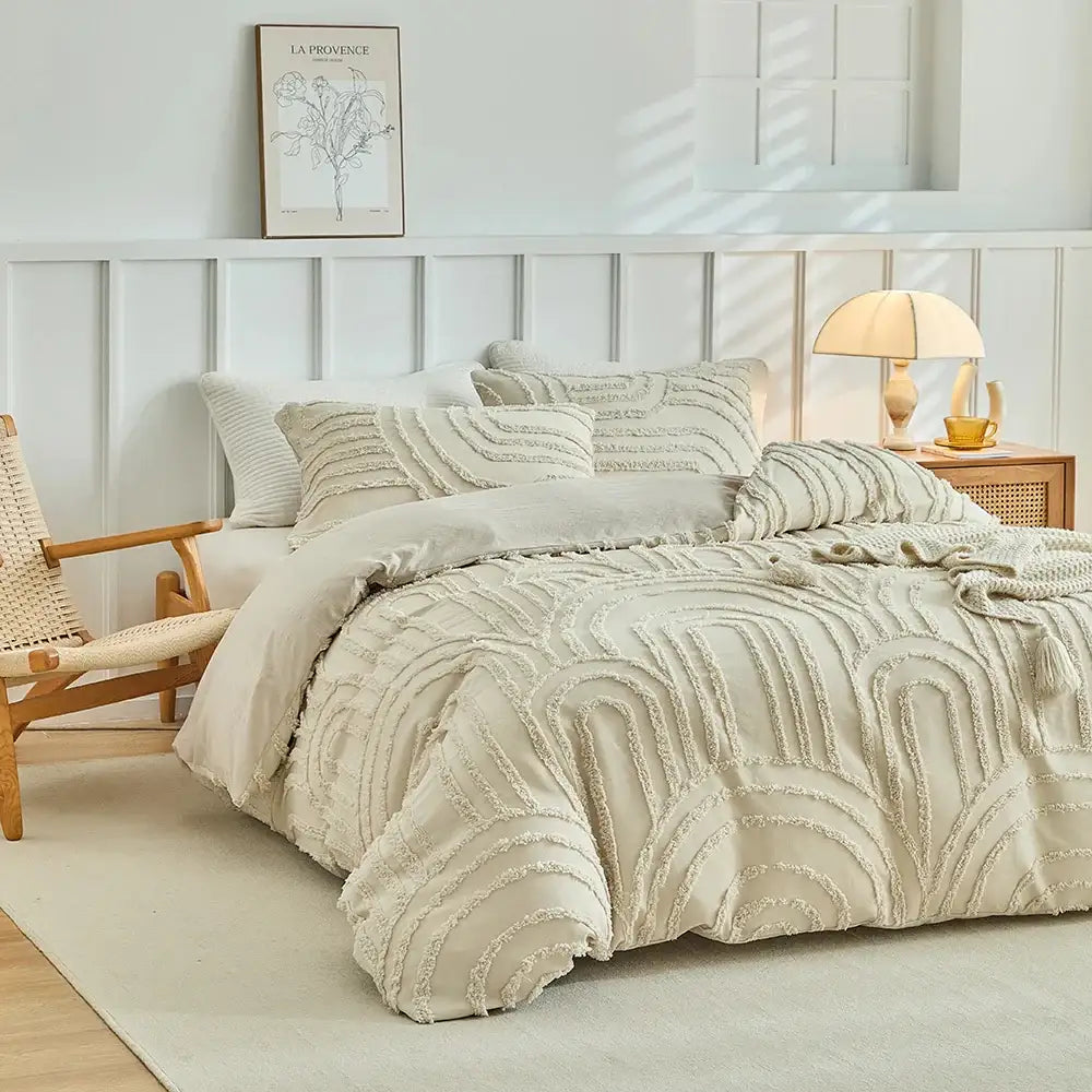 modern-boho-cut-flower-tufted-bedding-set-light-beige-soft-bed-duvet-cover-pillow-case-besontique-home-52344 - Besontique Home