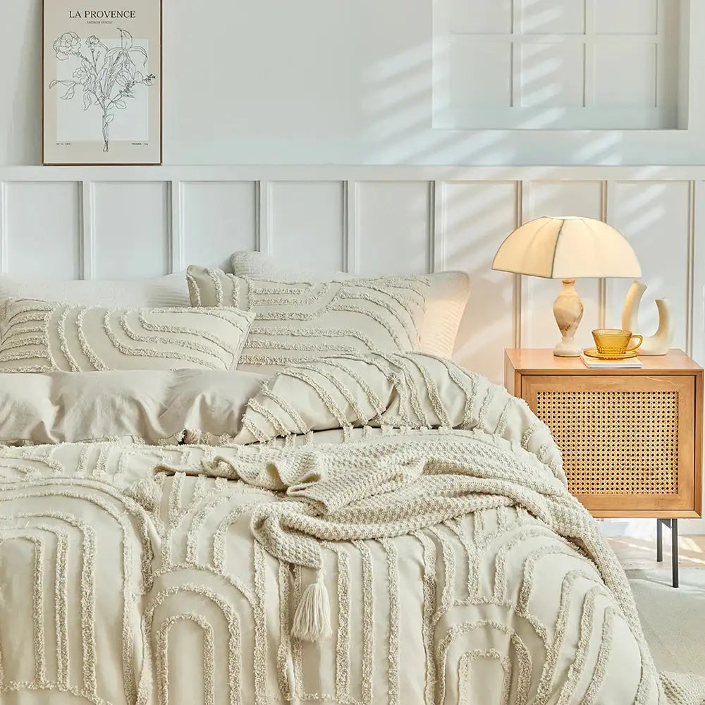 modern-boho-cut-flower-tufted-bedding-set-light-beige-soft-bed-duvet-cover-pillow-case-besontique-home-59266 - Besontique Home
