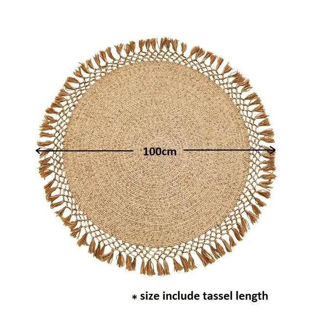 Modern Boho Jute Woven Carpet │ Weave Round Rugs Hand Knotted Tassel Carpet - Besontique Home