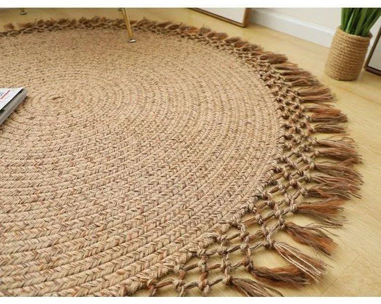 Modern Boho Jute Woven Carpet │ Weave Round Rugs Hand Knotted Tassel Carpet - Besontique Home