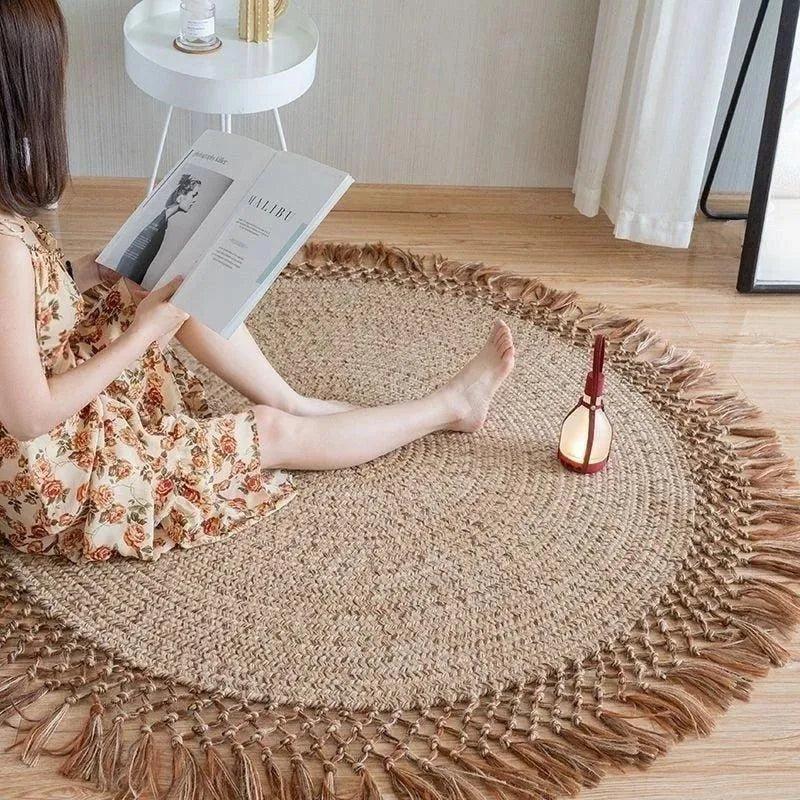Modern Boho Jute Woven Carpet │ Weave Round Rugs Hand Knotted Tassel Carpet - Besontique Home
