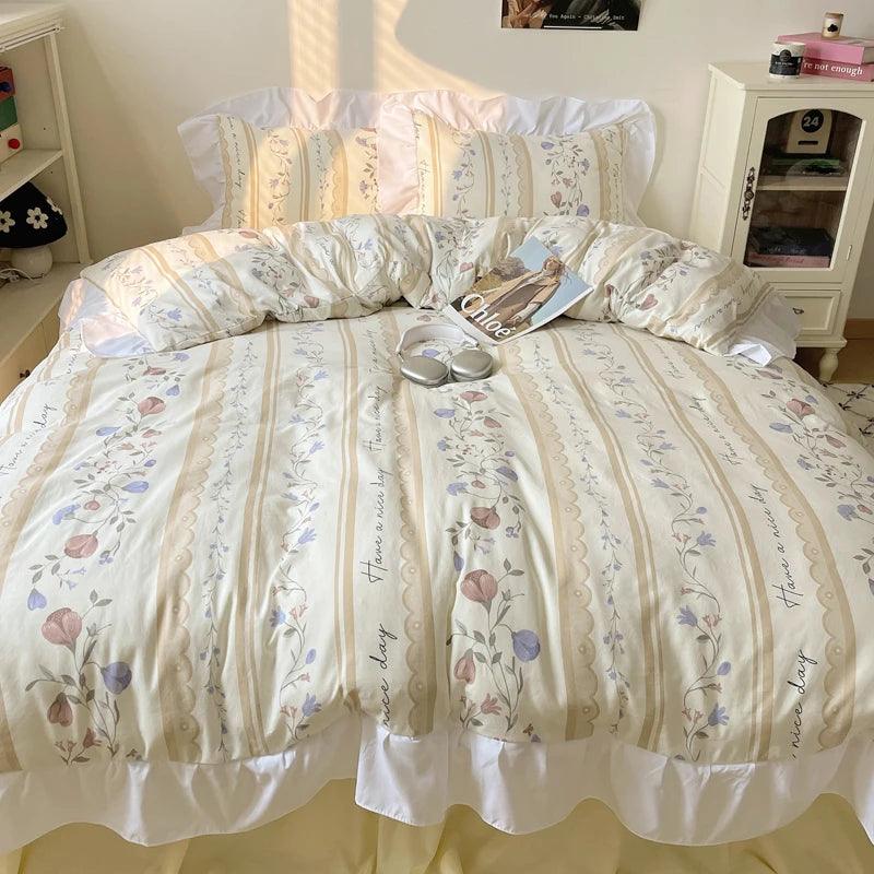 Modern Boho Princess Floral Washed Cotton Bedding Set │ Vintage French Lace Bed Duvet cover Pillow case - Besontique Home