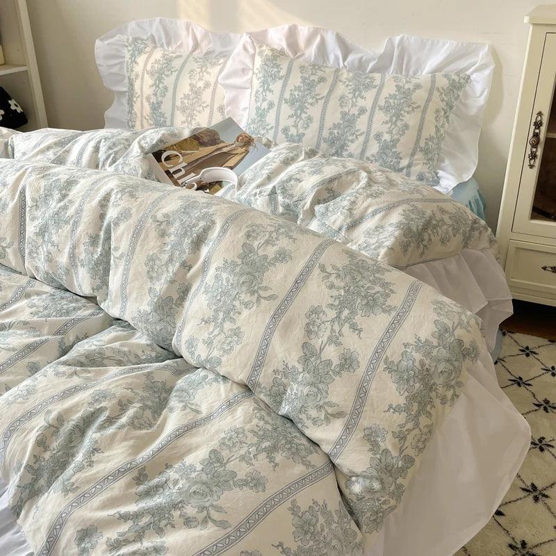 Modern Boho Princess Floral Washed Cotton Bedding Set │ Vintage French Lace Bed Duvet cover Pillow case - Besontique Home