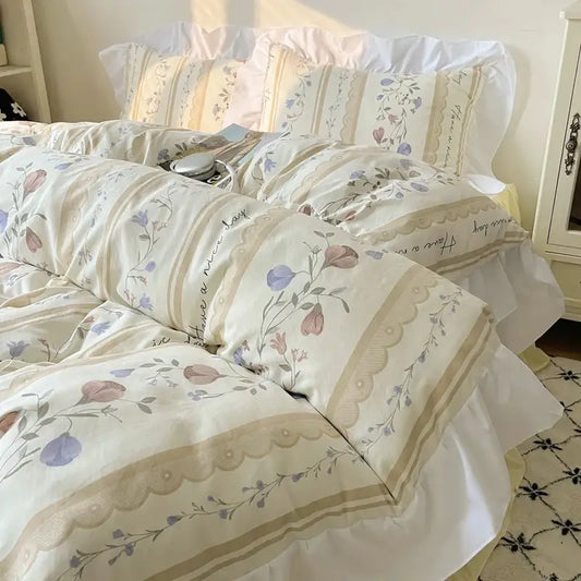 Modern Boho Princess Floral Washed Cotton Bedding Set │ Vintage French Lace Bed Duvet cover Pillow case - Besontique Home