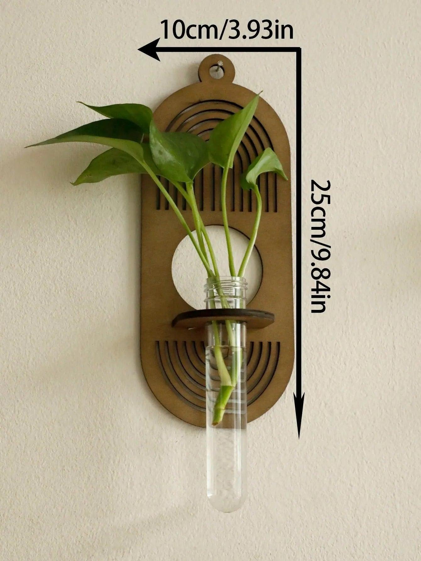 Modern Boho Wood Wall Mounted Hanging Vase │ Hydroponic Transparent Glass Tube Plant Holder - Besontique Home