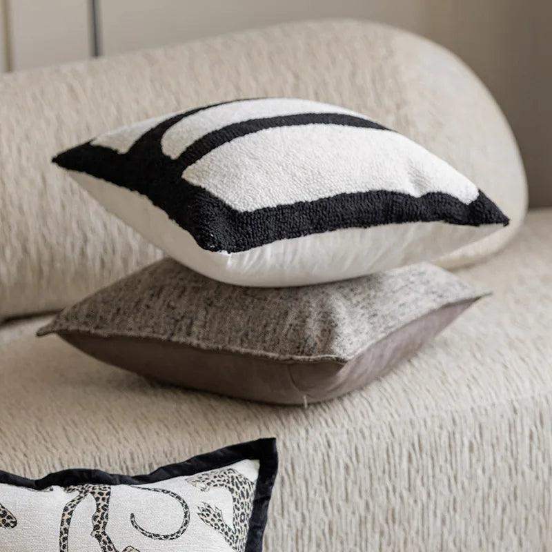 Modern Jacquard Embroidered Cushion Cover │ Geometric Beige Black Luxury Design Throw Pillow Covers - Besontique Home