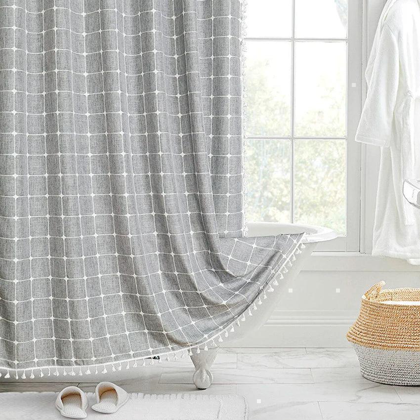 Modern Jacquard Linen Shower Curtain with Tassels (1 pcs) │ For Nordic Style Bathroom Decor - Besontique Home