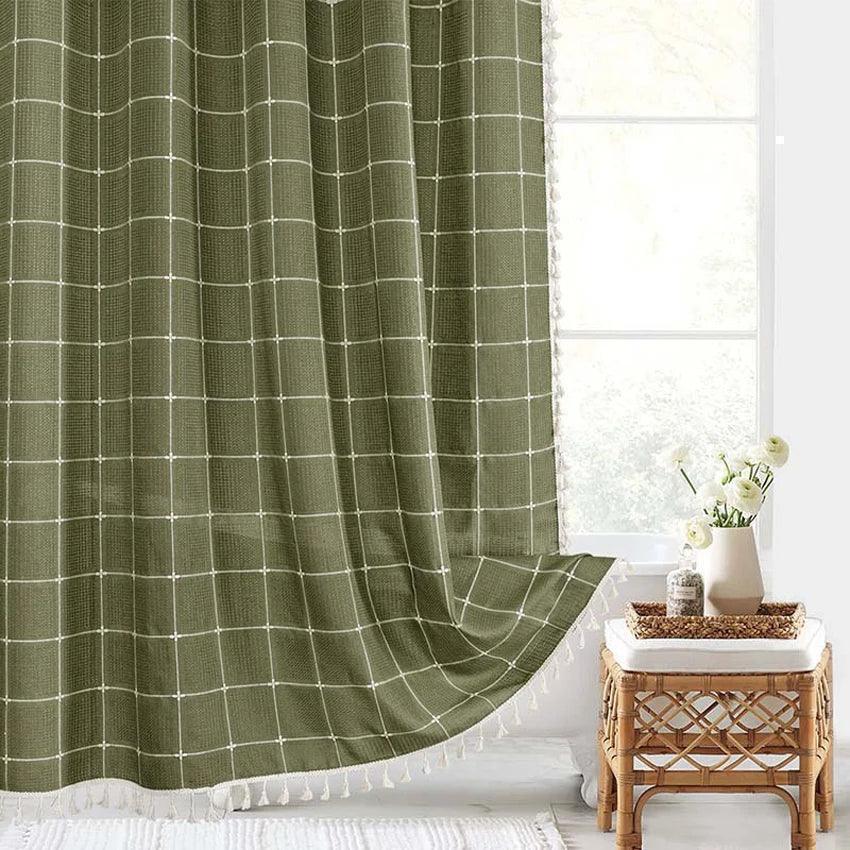 Modern Jacquard Linen Shower Curtain with Tassels (1 pcs) │ For Nordic Style Bathroom Decor - Besontique Home