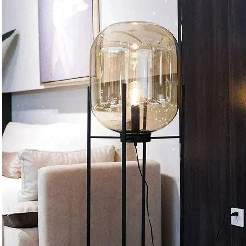 Modern Nordic Clear Glass Floor Lamp Light (Amber/Transparent/Grey) │ Industrial LED Living Bedroom Decor Big Lighting Lamp - Besontique Home