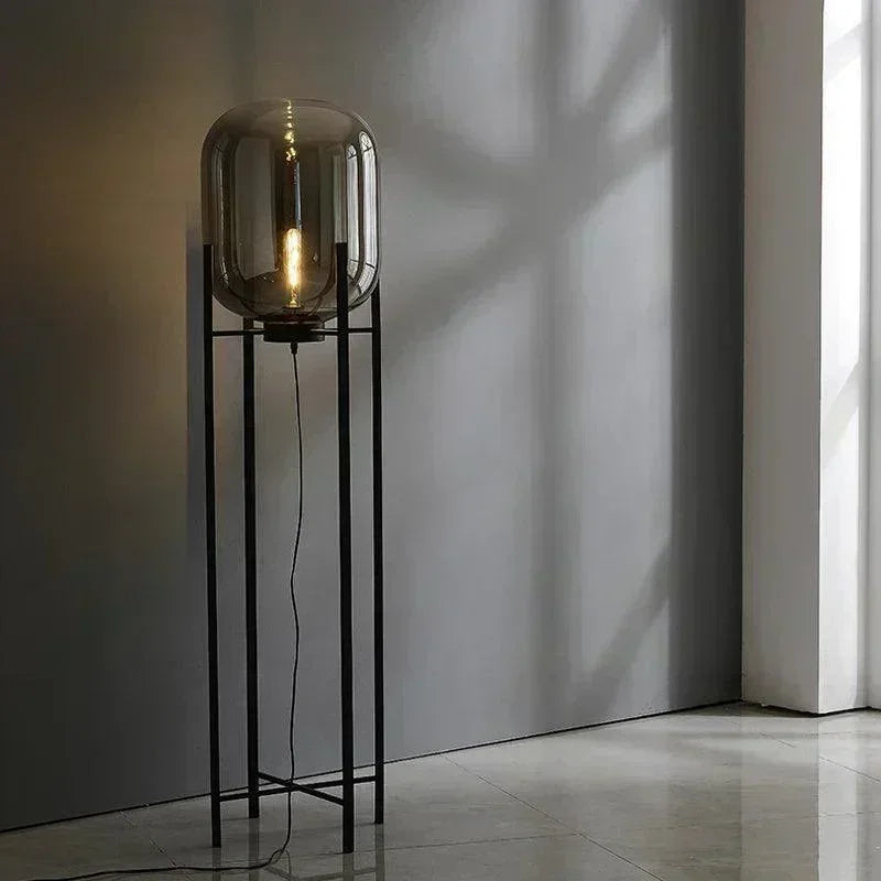 Modern Nordic Clear Glass Floor Lamp Light (Amber/Transparent/Grey) │ Industrial LED Living Bedroom Decor Big Lighting Lamp - Besontique Home