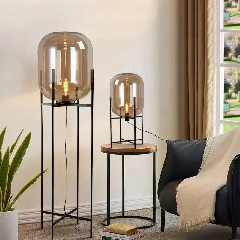 Modern Nordic Clear Glass Floor Lamp Light (Amber/Transparent/Grey) │ Industrial LED Living Bedroom Decor Big Lighting Lamp - Besontique Home