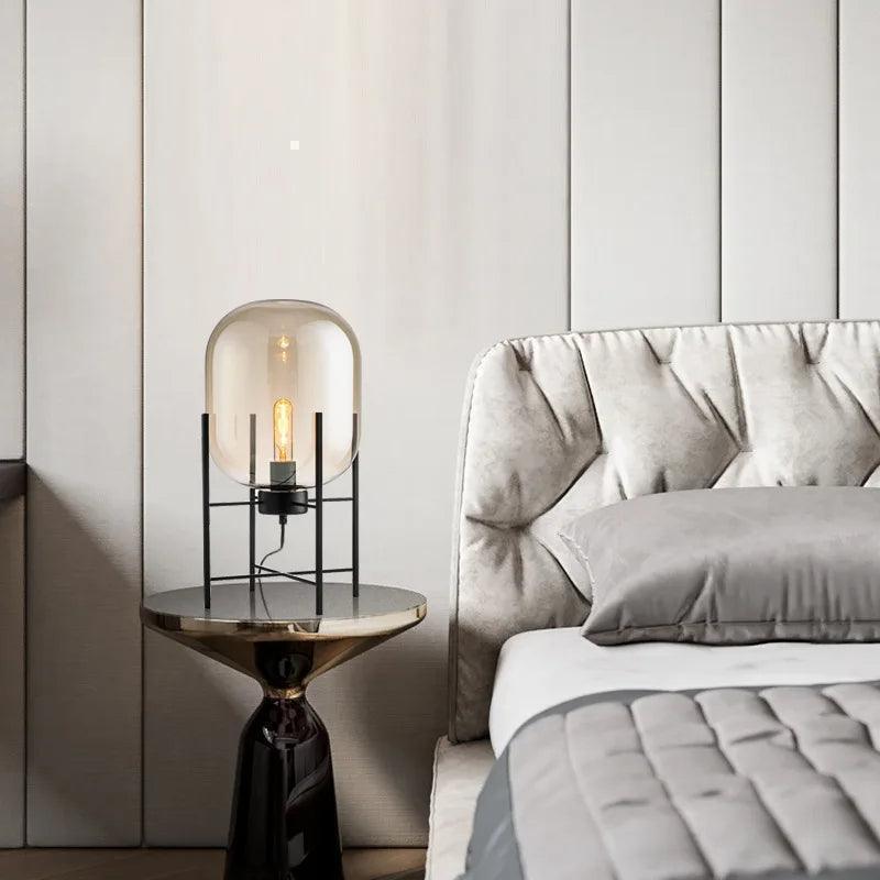 Modern Nordic Clear Glass Table Lamp Light (Amber/Transparent/Grey) │ Industrial LED Living Bedroom Decor Lighting Desk Lamp - Besontique Home